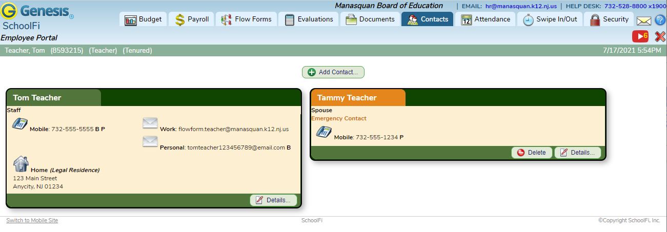 Employee Portal Contacts Tab Screenshot